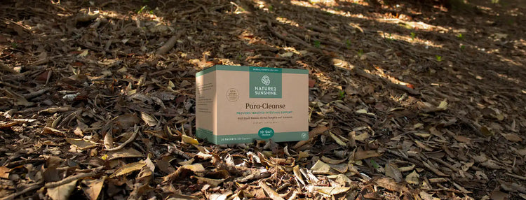 Box of Natures Formula Pure Cleanse on a leaf-covered ground.