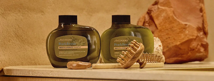Two bottles of shampoo, a bar of soap, and a brush on a stone surface with a stone wall background.