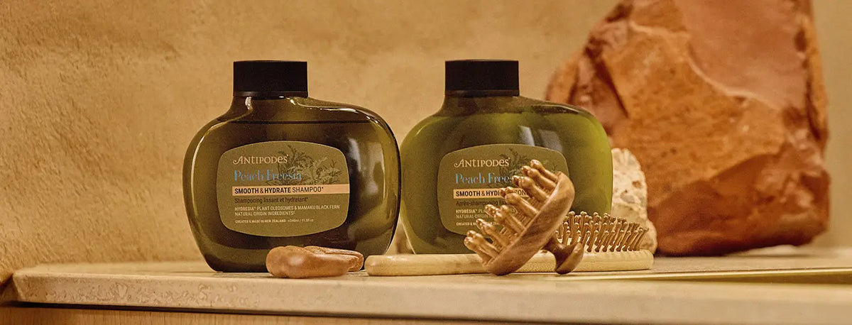 Two bottles of shampoo, a bar of soap, and a brush on a stone surface with a stone wall background.