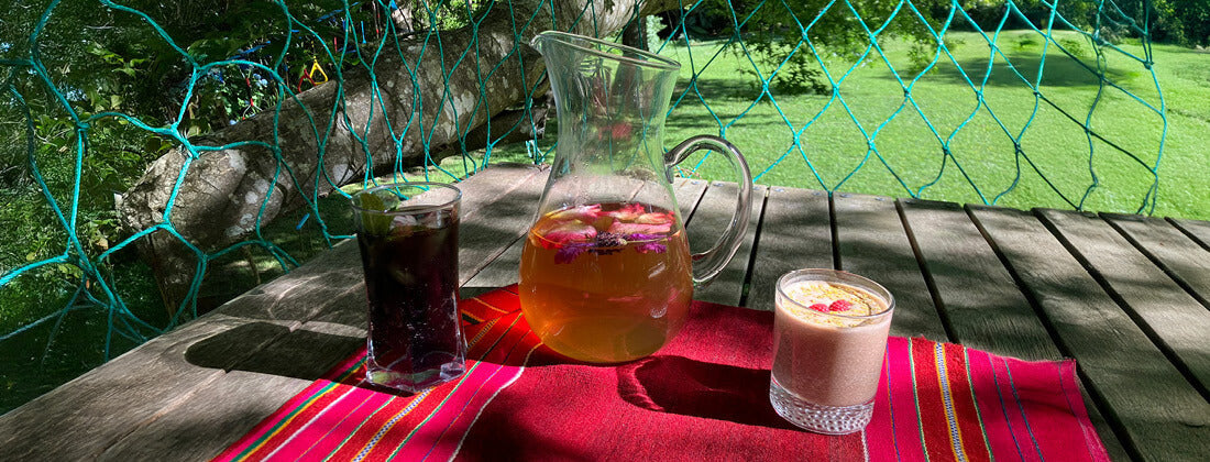 delicious summer drink in glass jug on a picnic blanket