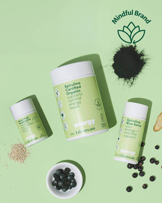 Supplement products with 'Mindful Brand' logo on a green background.