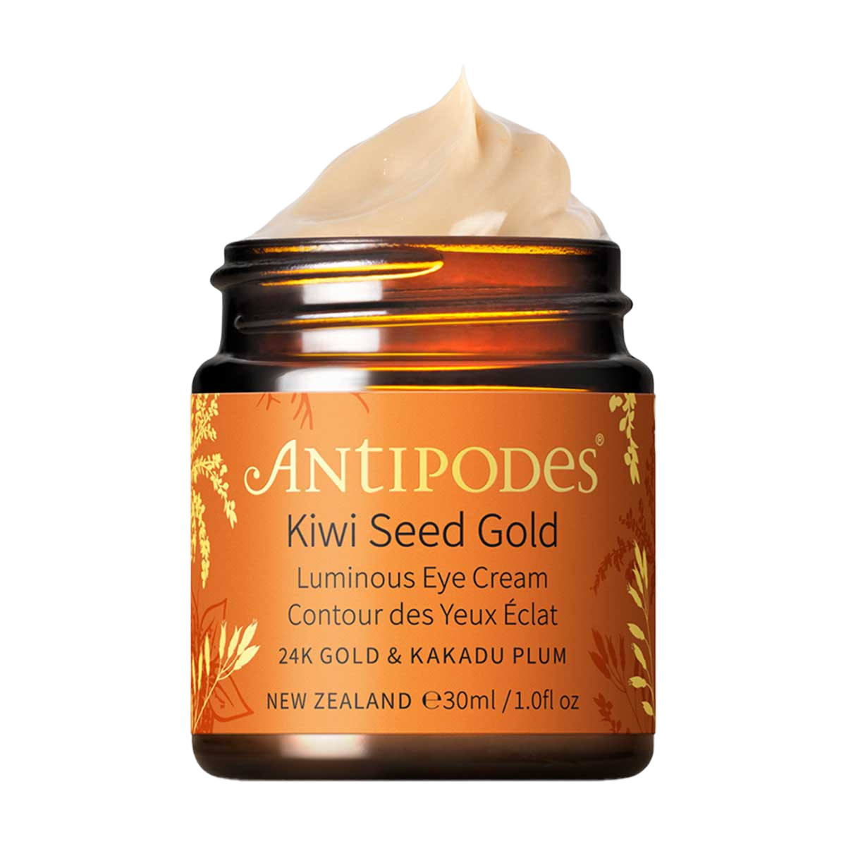 Antipodes Kiwi Seed Gold Luminous Eye Cream jar with visible cream on top against a white background