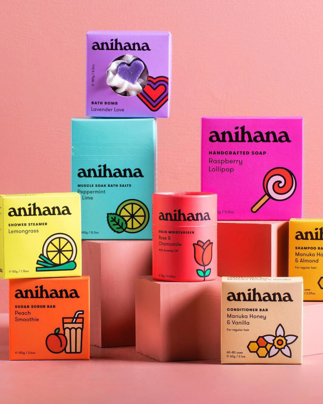 Anihana product packaging on a pink background