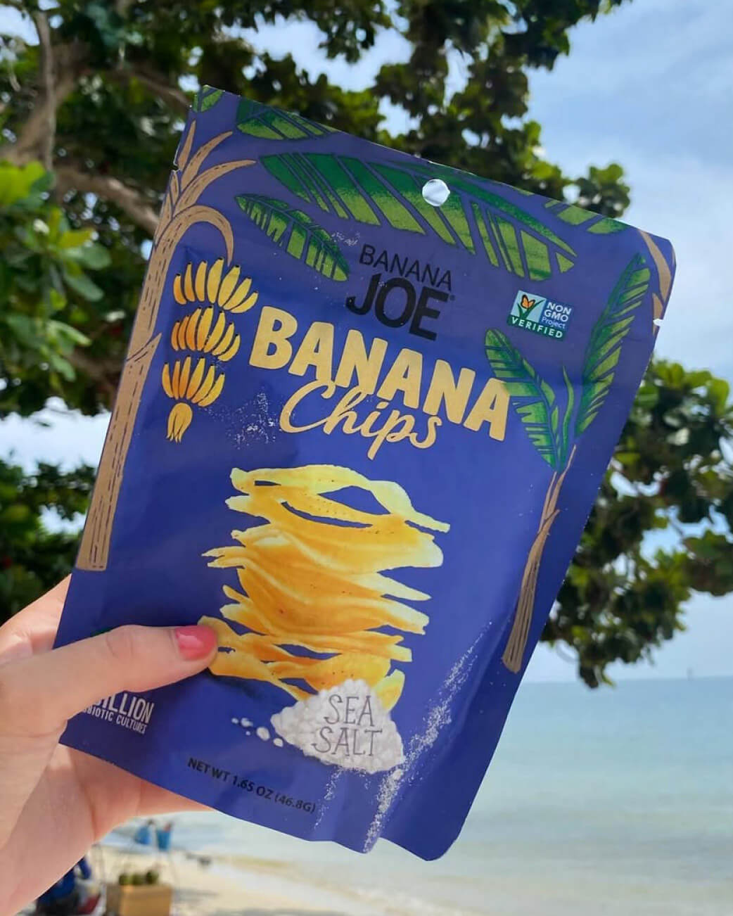Blue package of Banana Joe banana chips held in front of a beach with trees and ocean.