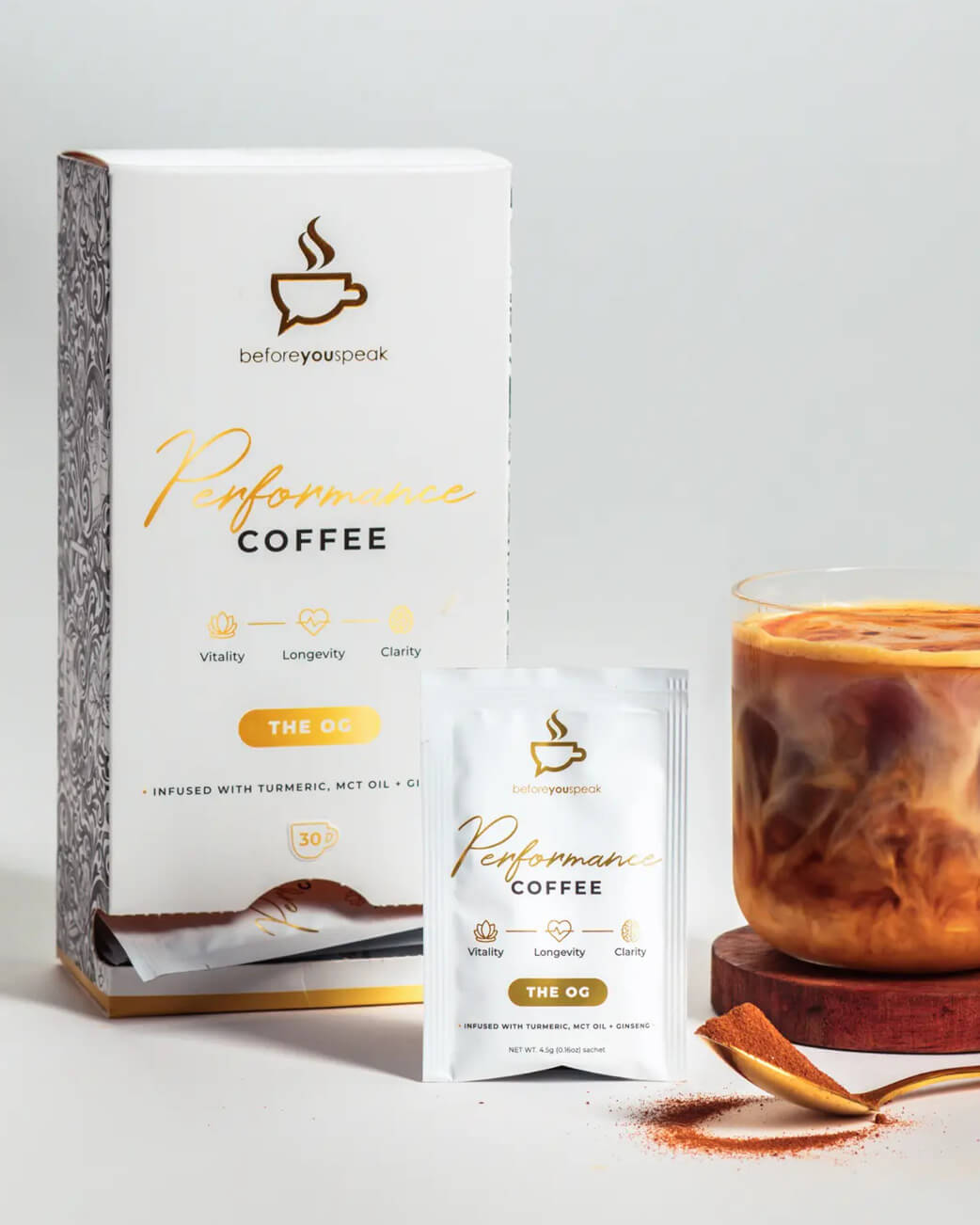 Performance Coffee packaging with a glass of iced coffee on a light background