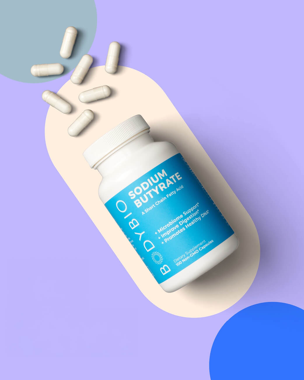 BodyBio supplements and bottle on purple and blue background