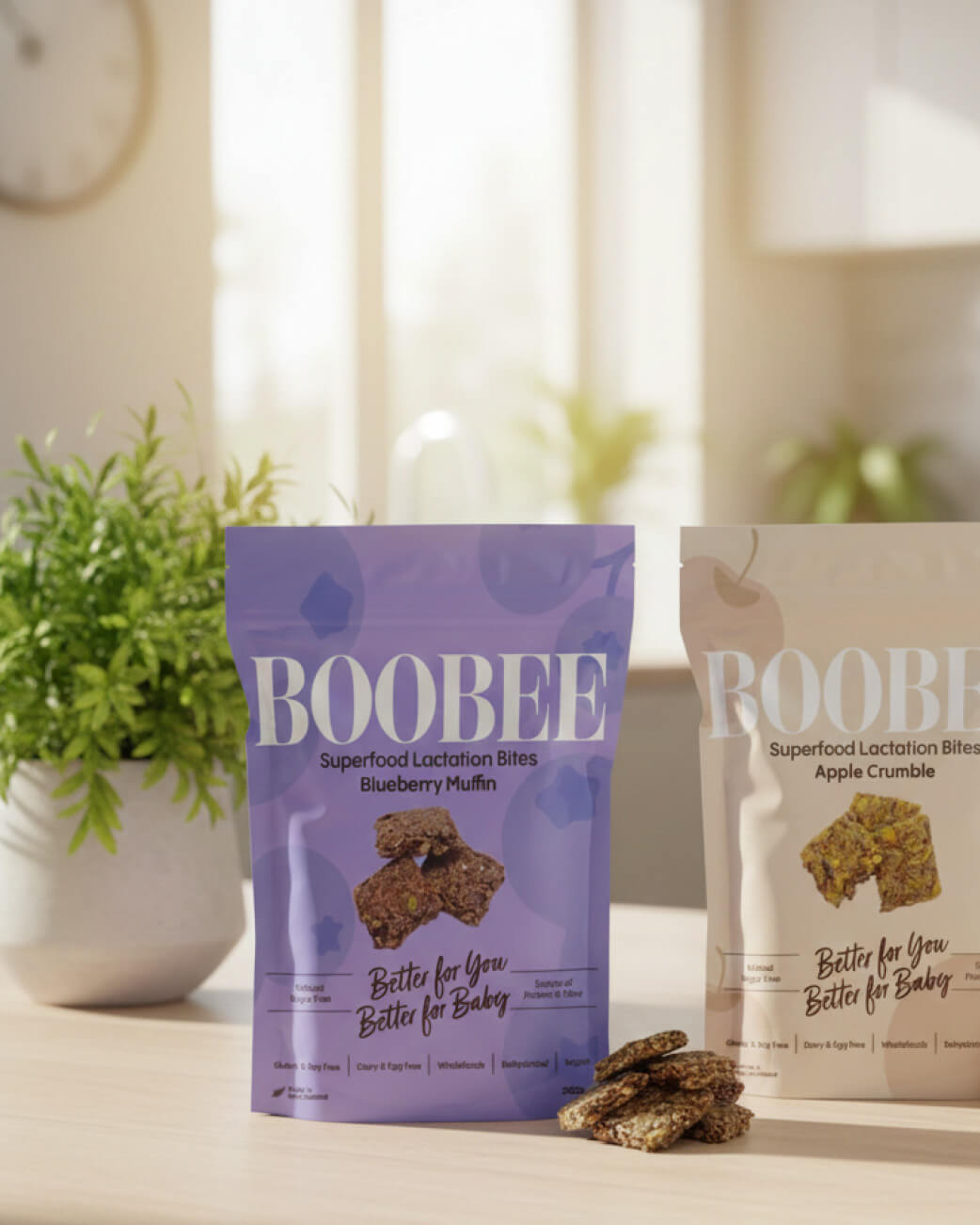 Two packages of Boobee Superfood Lactation Bites on a surface with plants in the background.