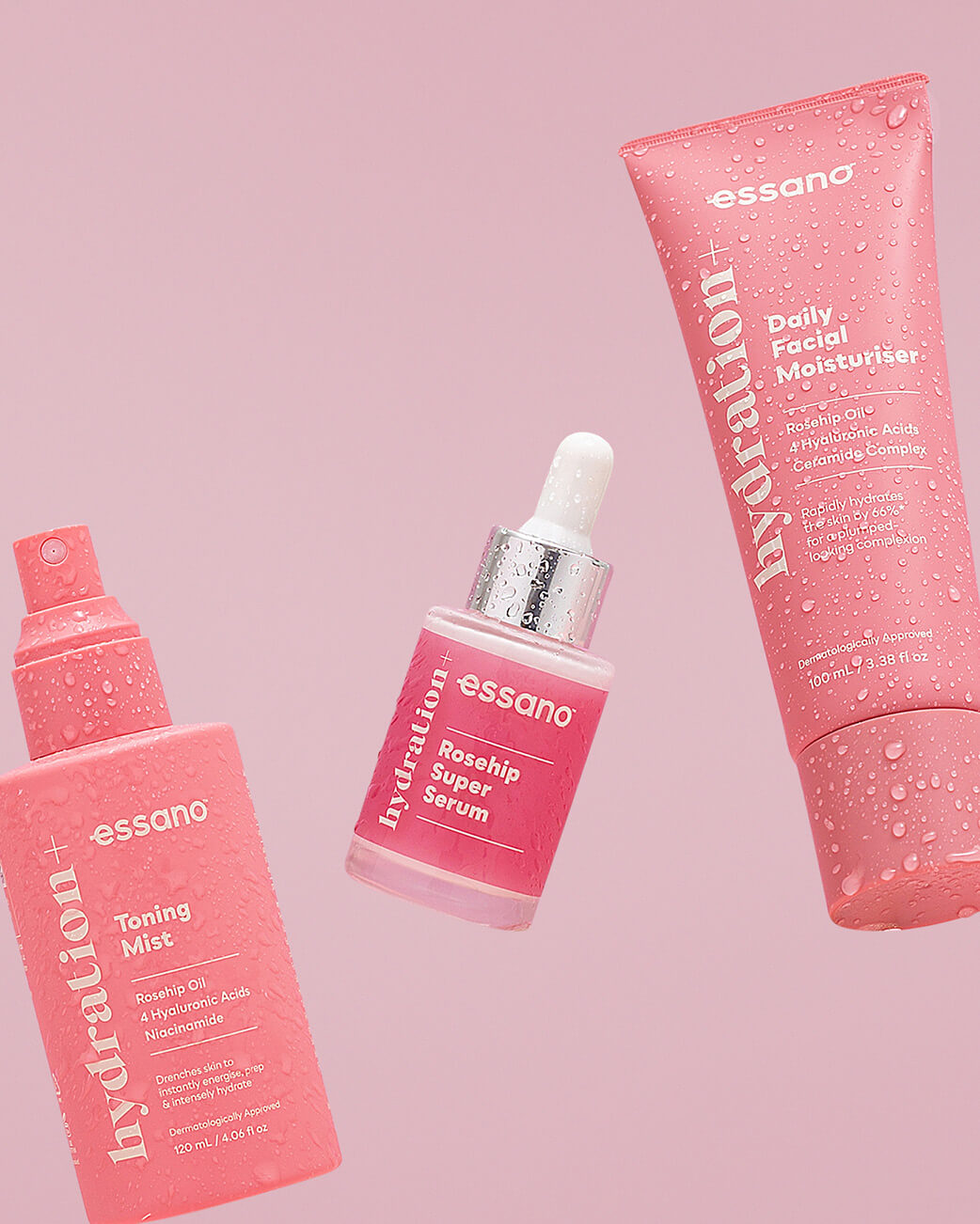 Three pink skincare products from essano on a pink background.