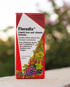 Floradix liquid iron and vitamin formula box with a natural background.
