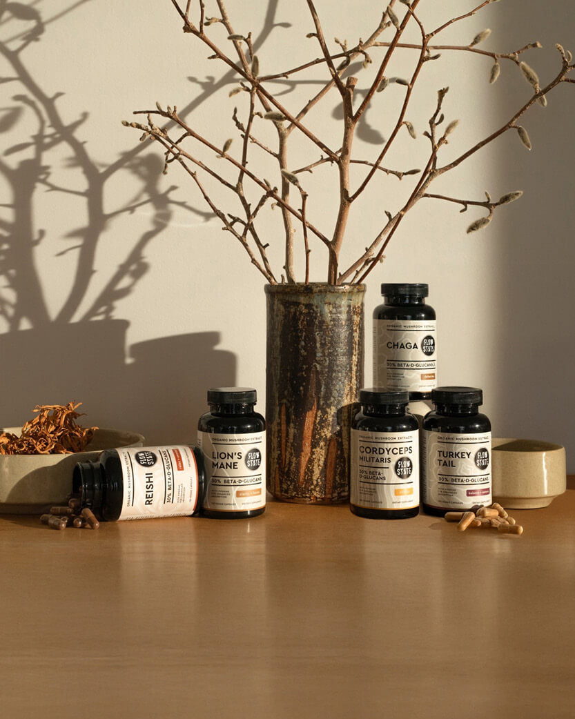 Supplement bottles on a wooden surface with a vase of branches in the background.