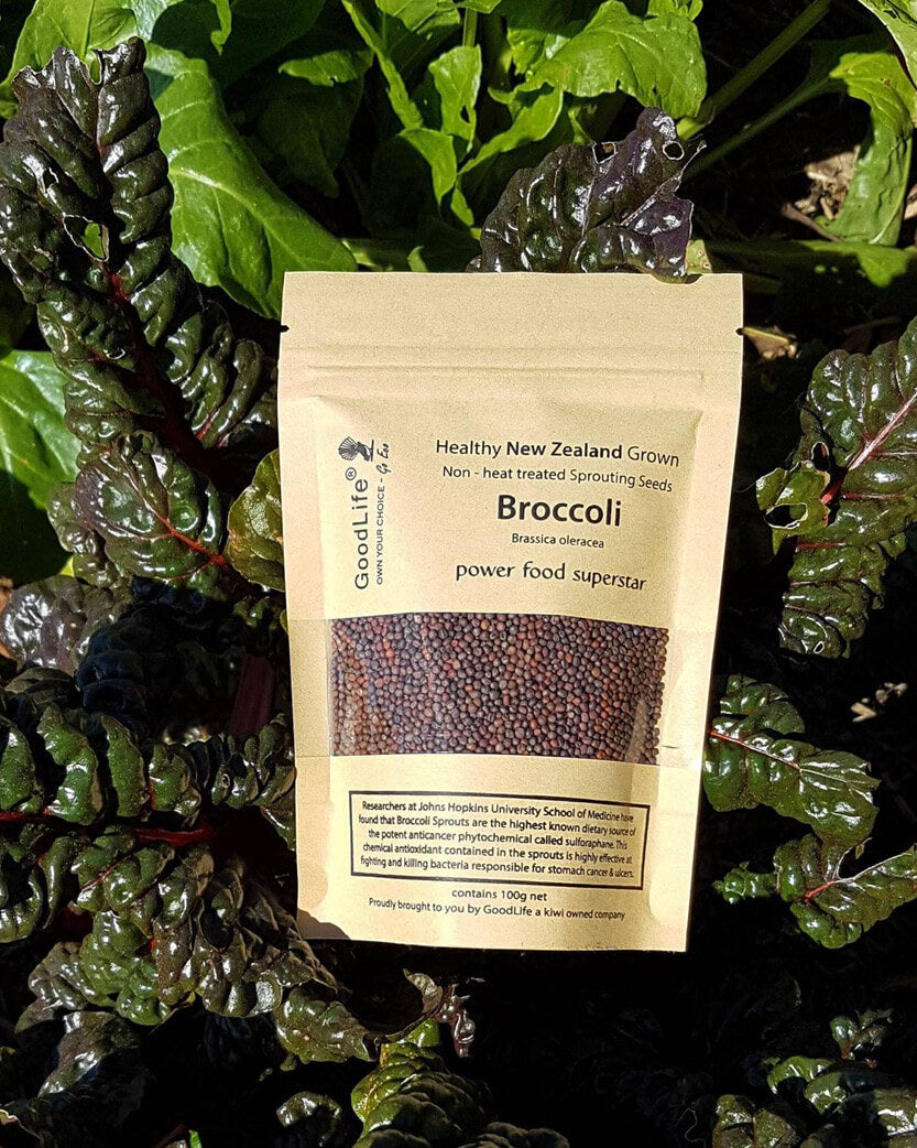 Goodlife broccoli seed packet on a bed of green leaves.