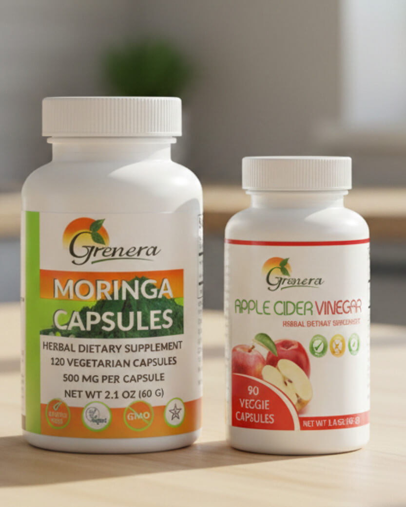 Two Grenera supplement bottles on a wooden surface with a blurred background.