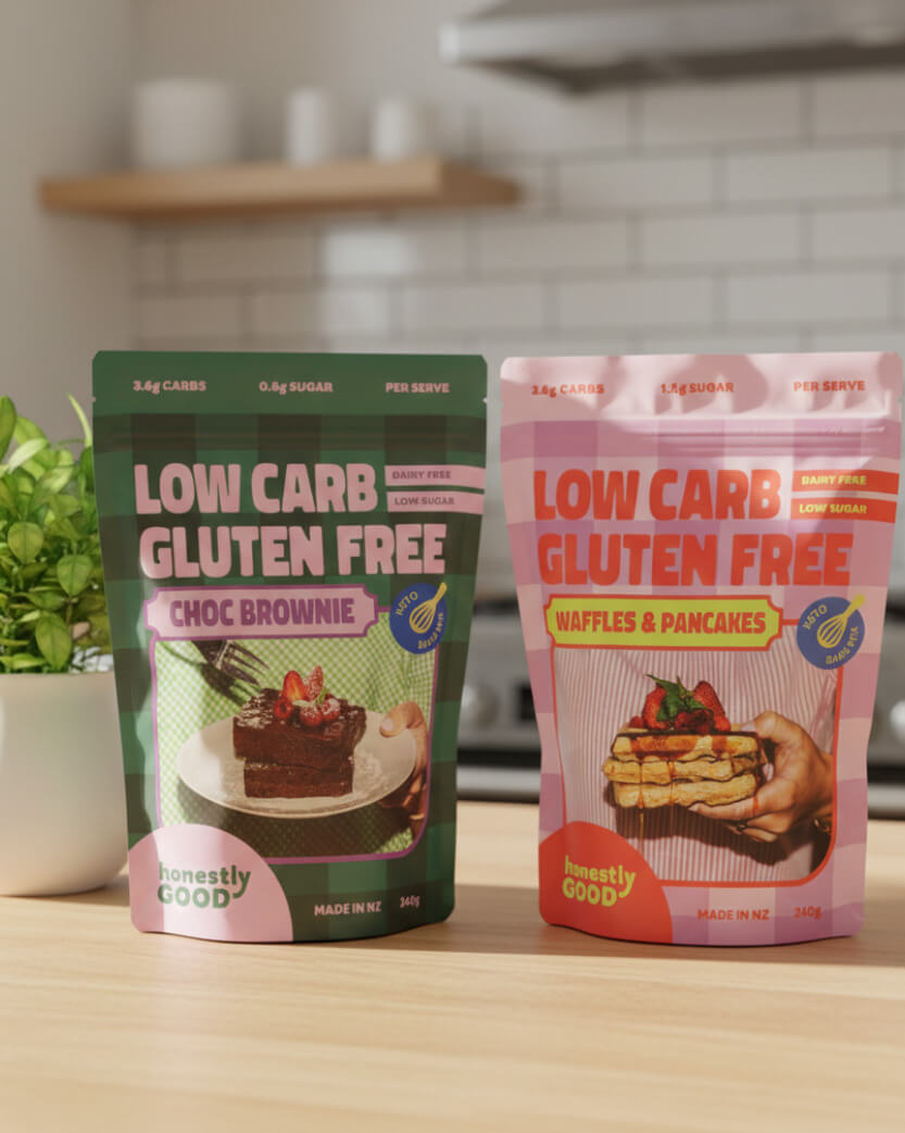Two packages of low carb gluten free snacks on a kitchen counter.