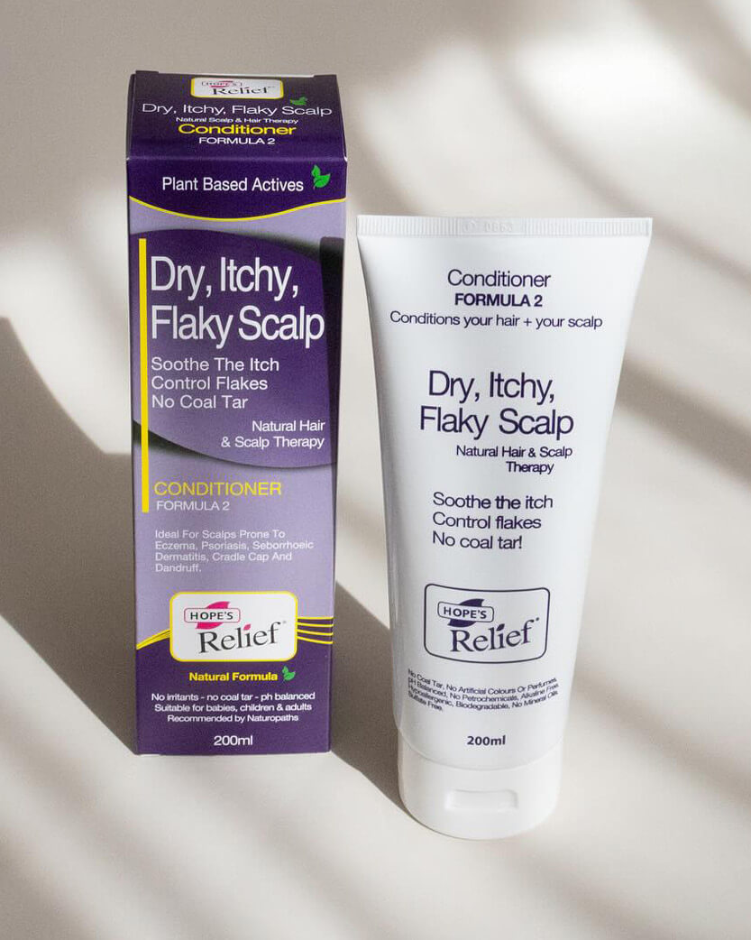 Hope's Relief conditioner packaging for dry, itchy, flaky scalp on a neutral background.