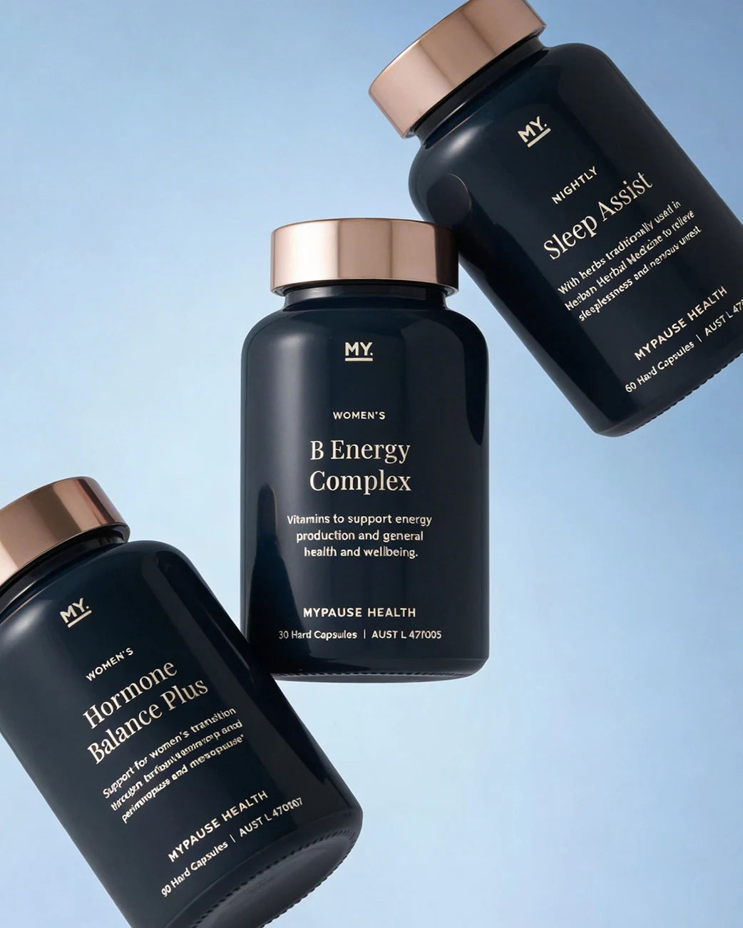 Three MyPause Health Supplement bottles against a light blue gradient background.
