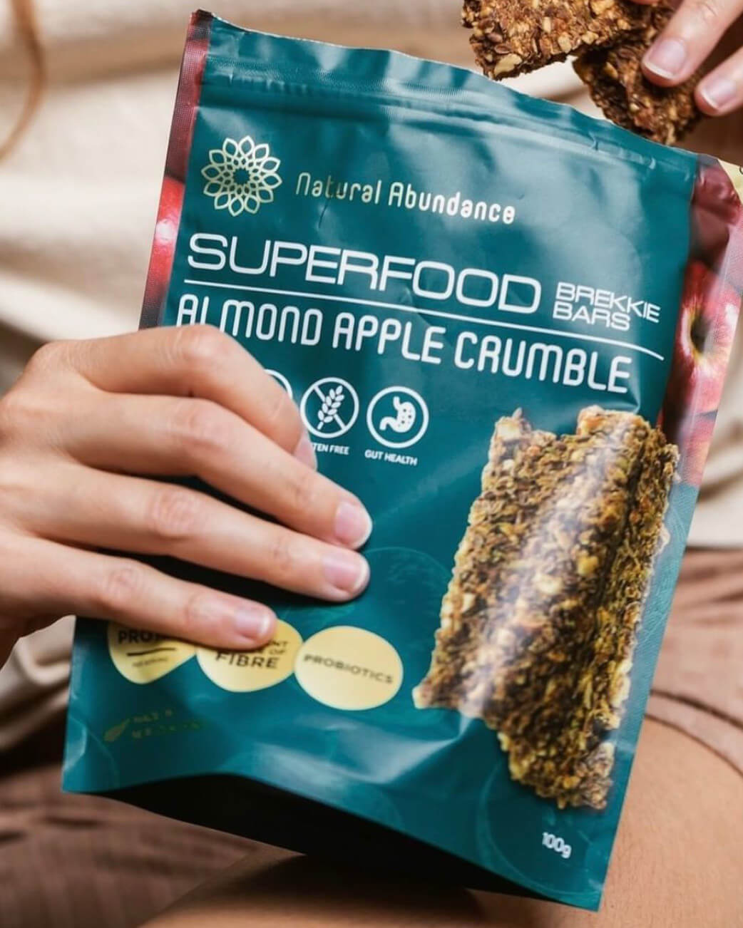 Superfood brekkie bar package with visible branding and product details.