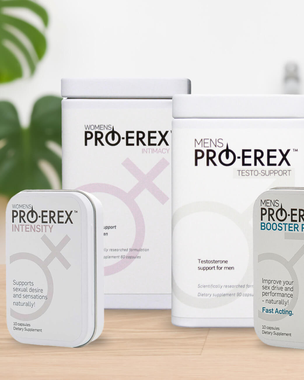 Pro-Erex supplement products on a wooden surface with a plant in the background.