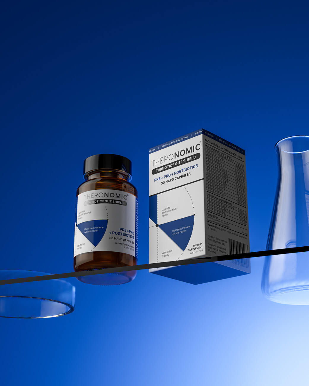 Jar of Theronomic supplements next to its box on a glass surface against a blue background.