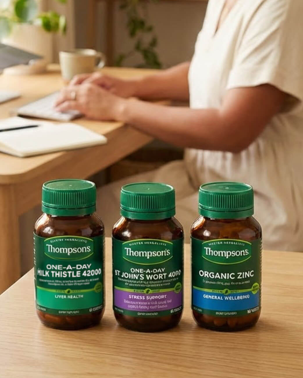 Three bottles of Thompson's supplements on a desk with a person working in the background.