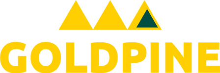 Goldpine logo with three yellow triangles, one filled dark green, sitting above the word GOLDPINE in bold yellow capital letters on a plain background