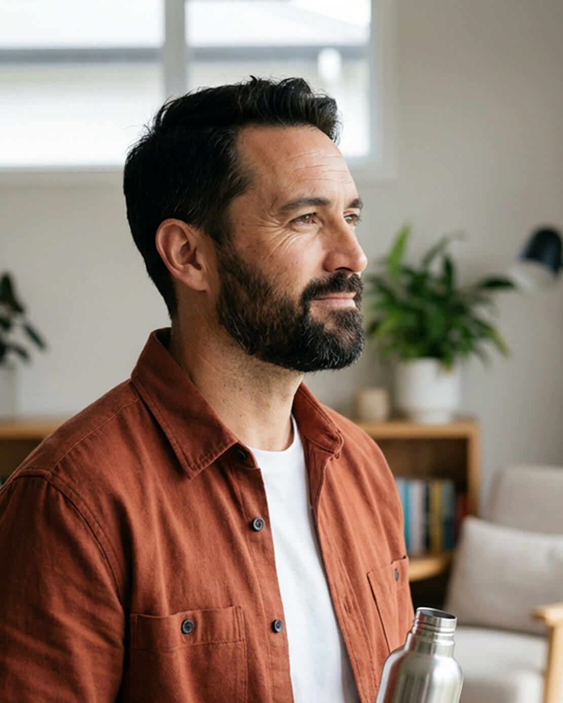 Man with a beard wearing an orange jacket in a living room setting.