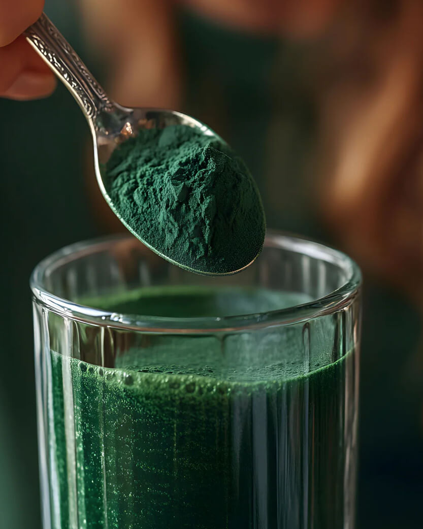 Spoonful of green powder being added to a glass of green liquid