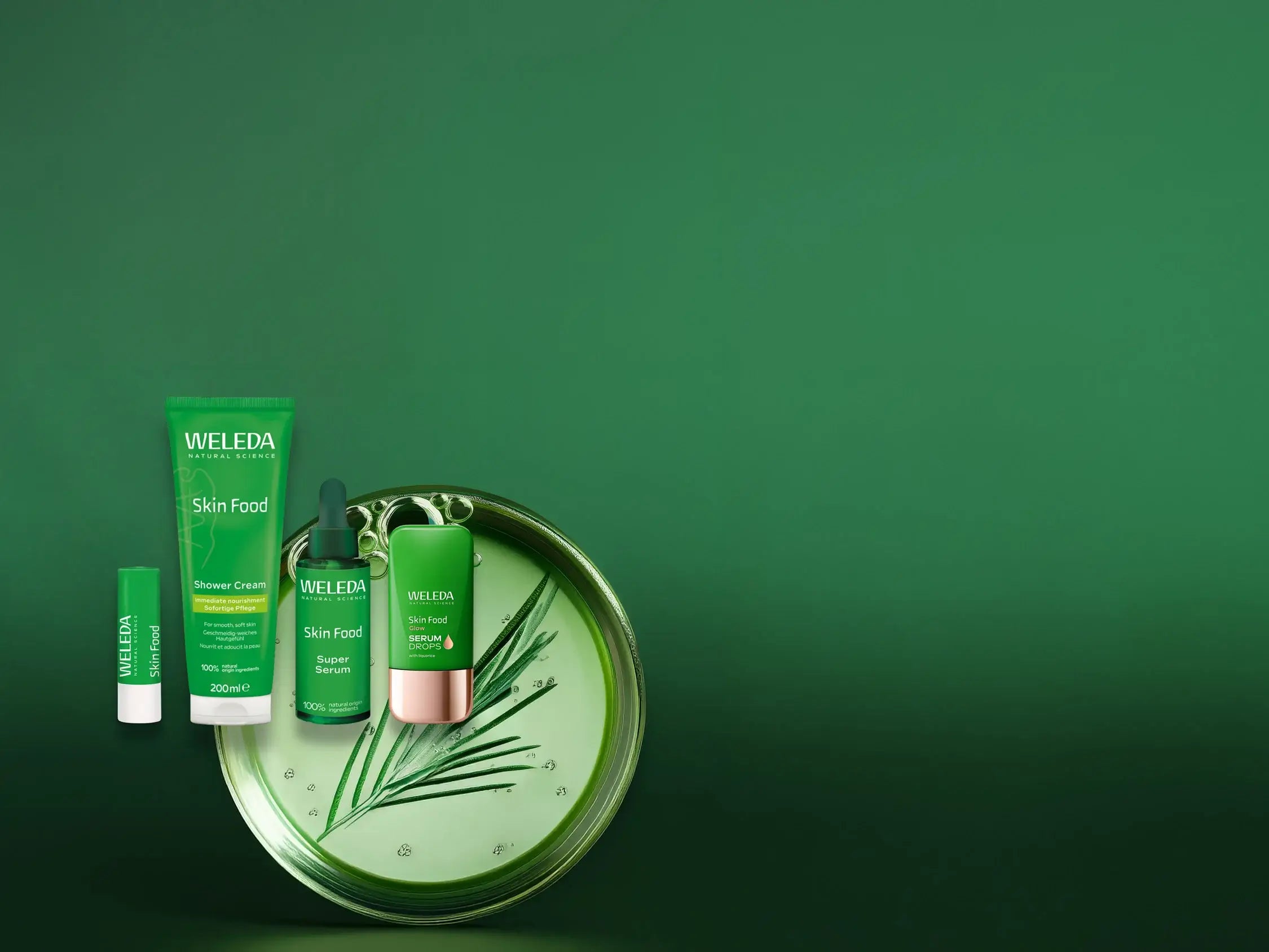 Weleda Skin Food range products on a plain green background.