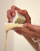 Hand holding a bar of soap with a loofah against a neutral background.
