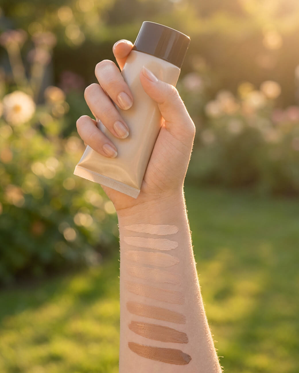 Hand holding a foundation bottle with swatches on its arm.