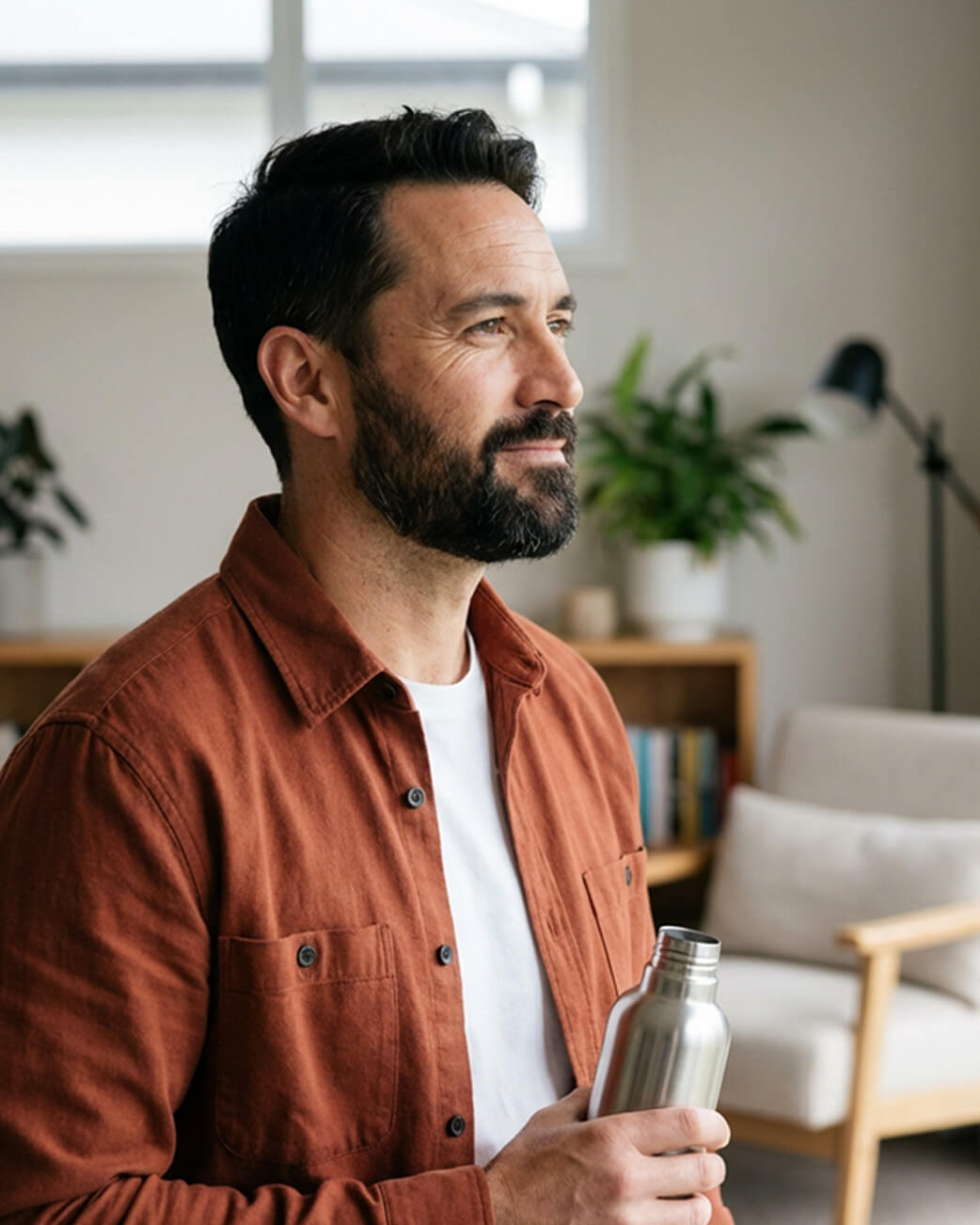 Man wearing an orange flannel holding a silver bottle.