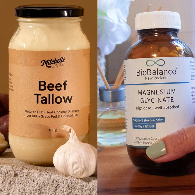 Two images side by side: one of a jar of Mitchell's Beef Tallow and another of a bottle of BioBalance Magnesium Glycinate.