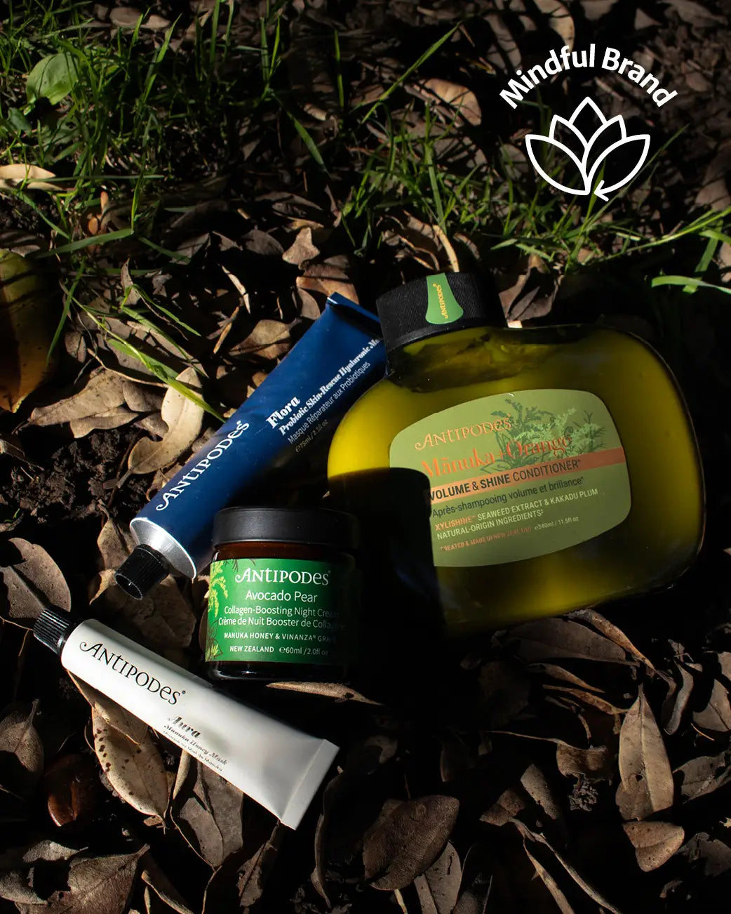 Cosmetic products on a natural background with 'Mindful Brand' logo.