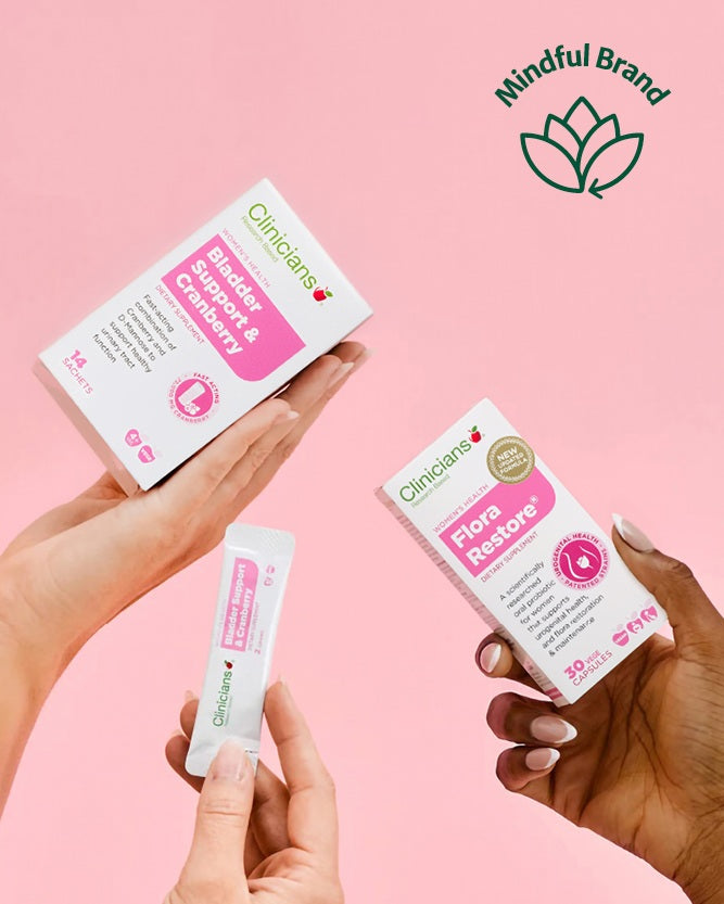3 Clinicians women's range products on a pink background. Green mindful brand in the corner.