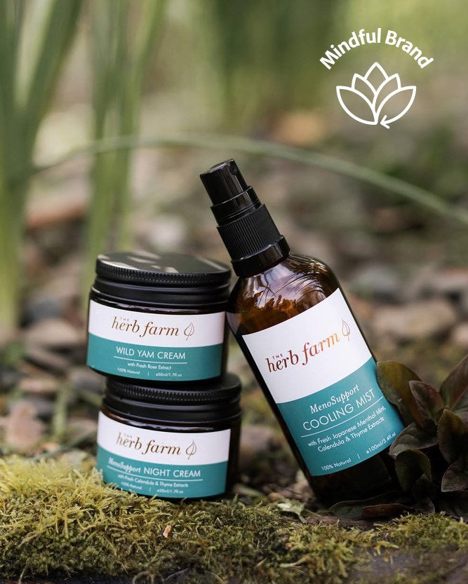 3 Herb Farm Meno Support products on a forest floor. White mindful brand logo in the top corner.