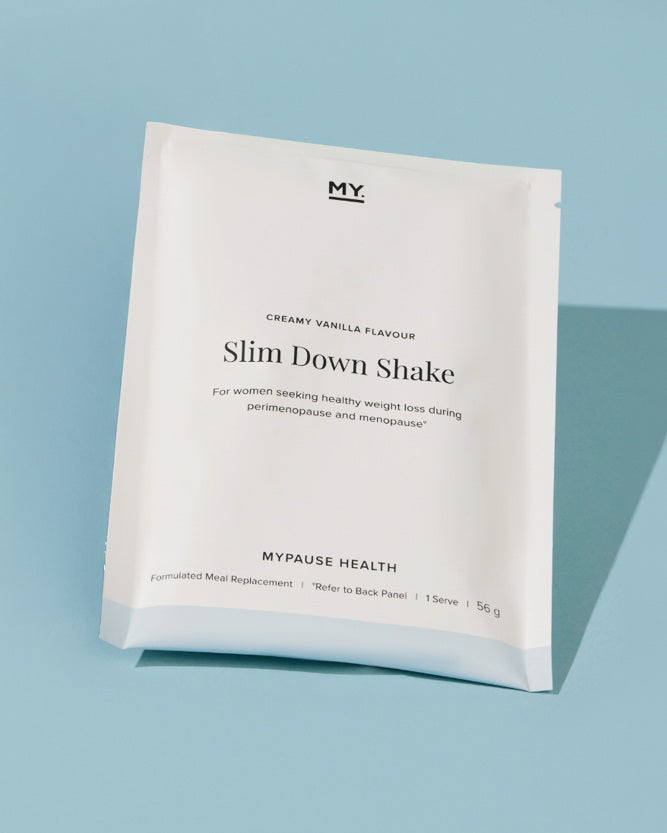 MyPause Health Slim Down Shake - Creamy Vanilla Flavour GWP sachet pictured on a pale blue background.