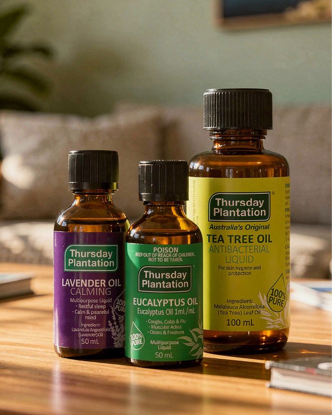 Three amber glass essential oil bottles from Thursday Plantation on a wooden table: lavender oil in a purple label, eucalyptus oil in a green label, and tea tree oil in a yellow label.