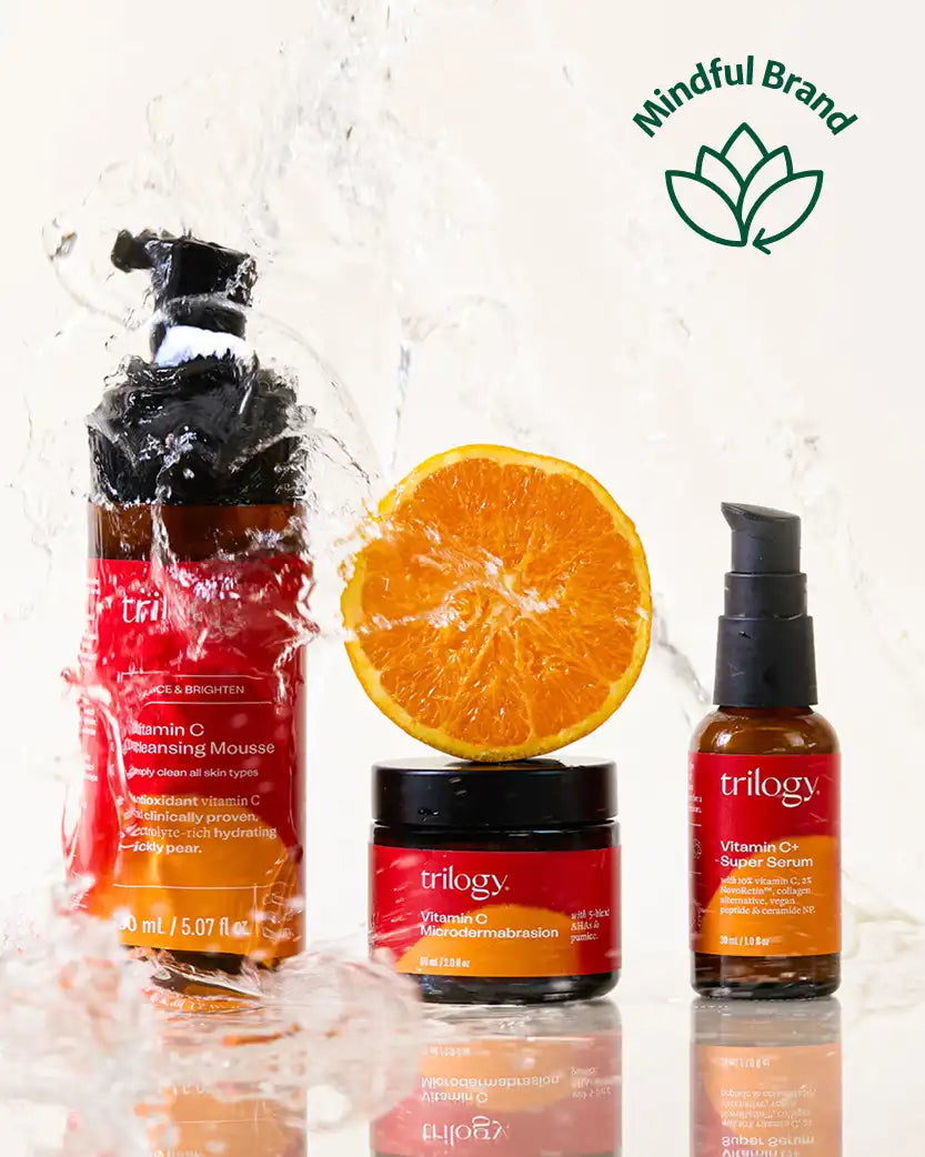 Three Trilogy products with an orange slice and a 'Mindful Brand' logo in the corner.