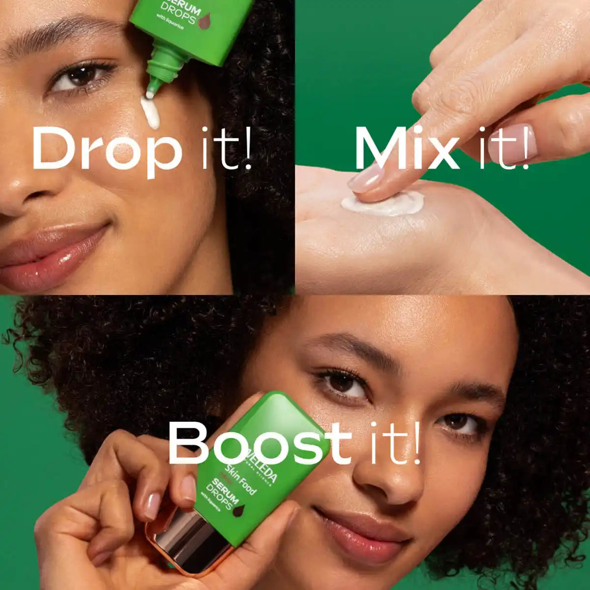 Drop it! Mix it! Boost it! Images showing steps for using Weleda Skin Food Glow Serum Drops.