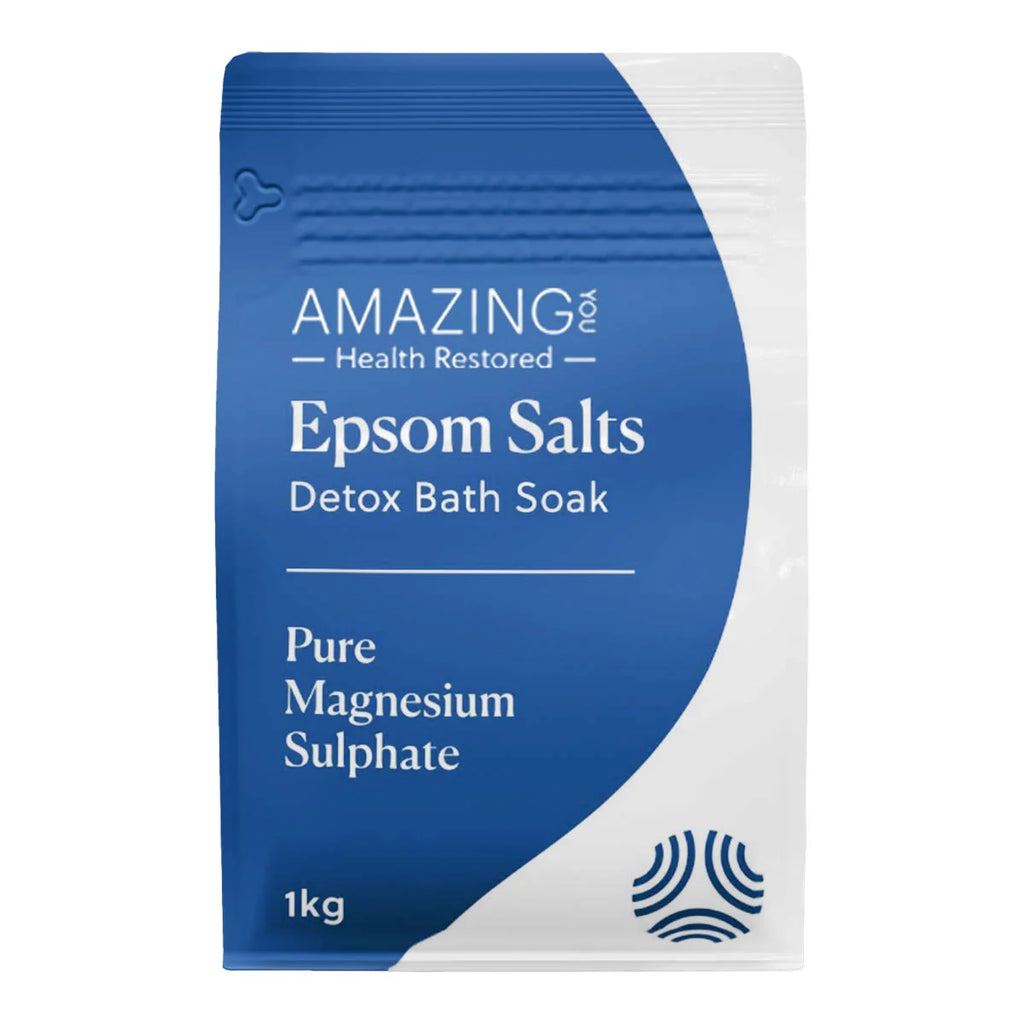 Package of Epsom Salts Detox Bath Soak with blue and white design