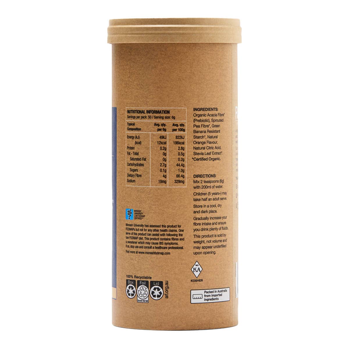 Back view of Organic Fibre container showing ingredients, directions and nutritional information.