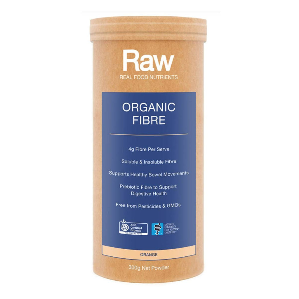 Container of Raw Organic Fibre on a white background. Orange flavour, with prebiotic fibre.