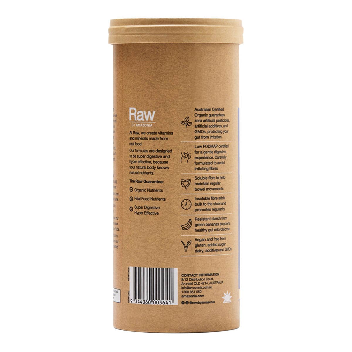 Side of Amazonia Organic Fibre with product information.