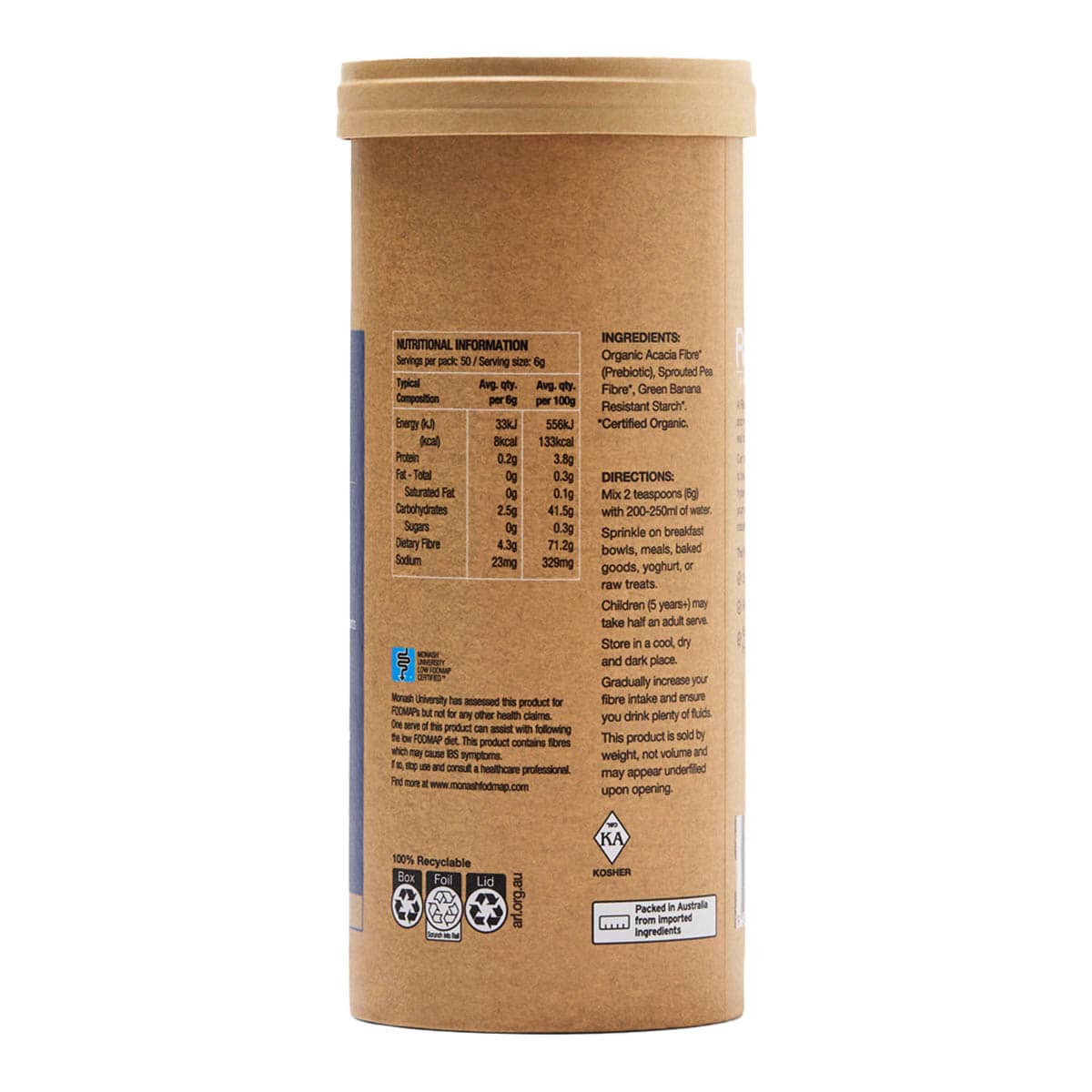 Back view of organic fibre cardboard container with nutritional information, ingredients and directions on a white background.