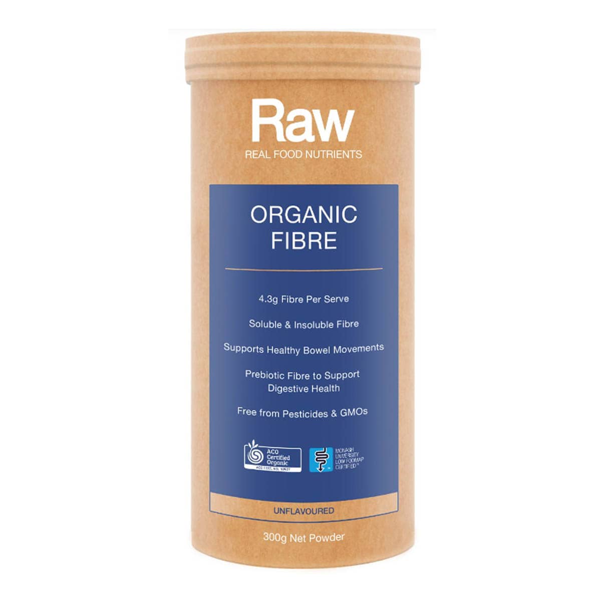 Container of Raw Organic Fibre - Unflavoured on a white background. Eco-friendly packaging.