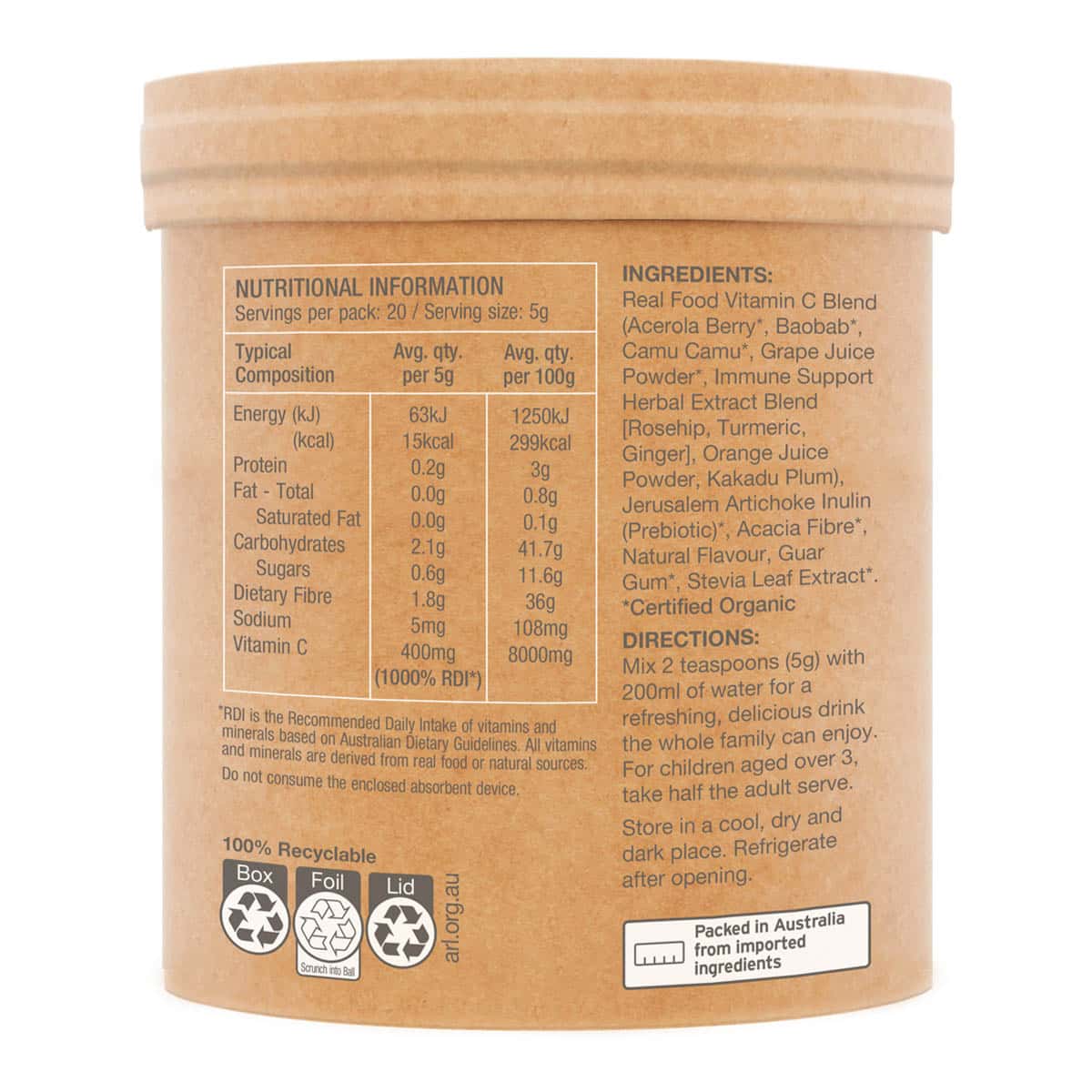 Back of a container with nutritional information, ingredients list, and recycling labels.