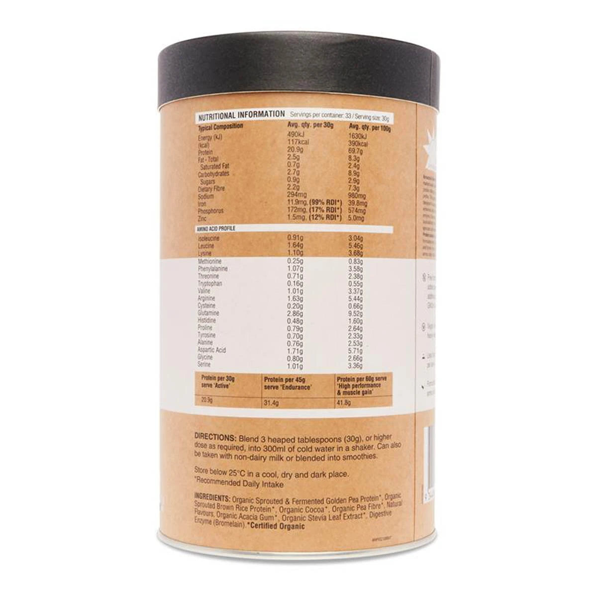 Nutritional information label of Amazonia Raw Protein Isolate - Coconut & Cacao.