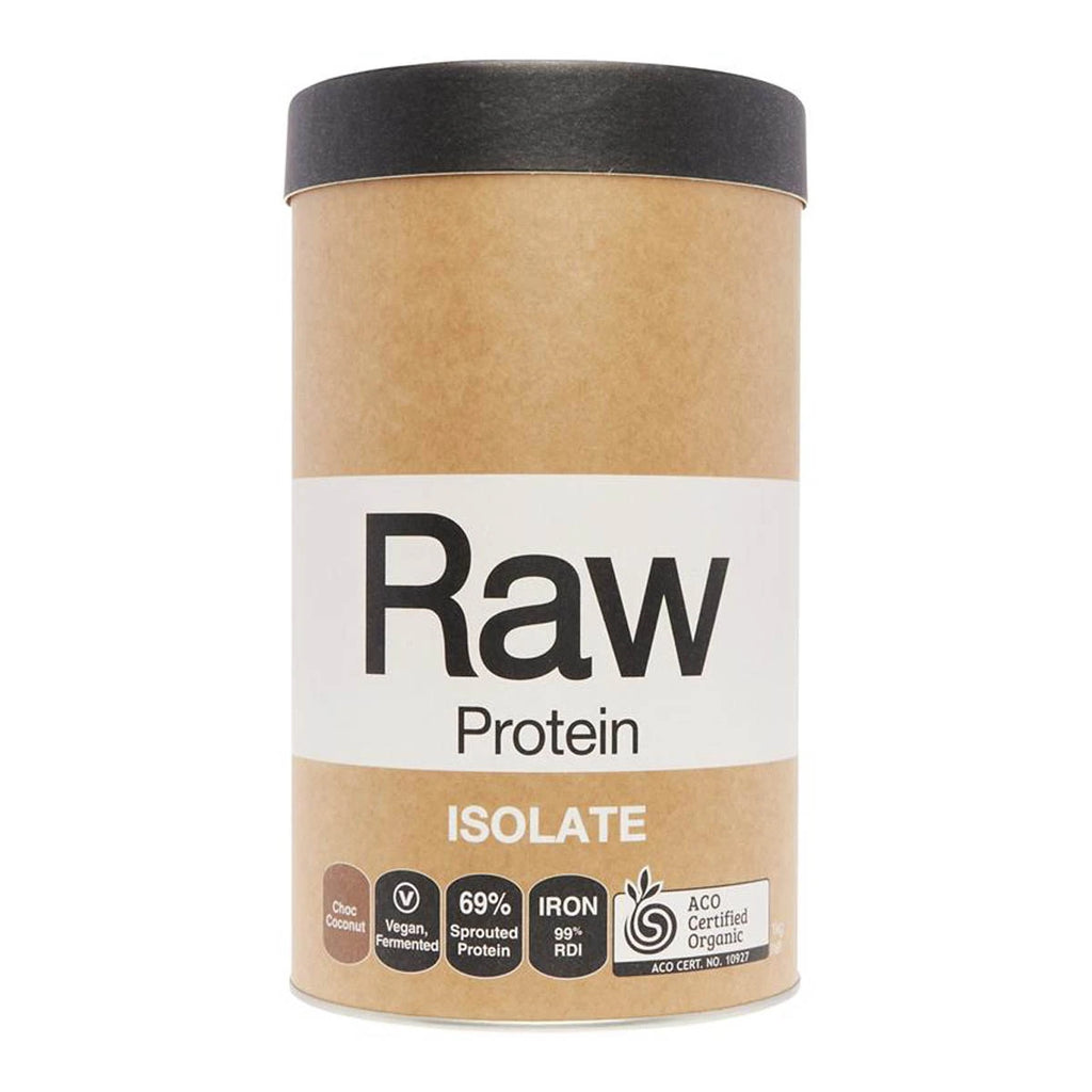 Raw protein isolate container with brown label on a white background