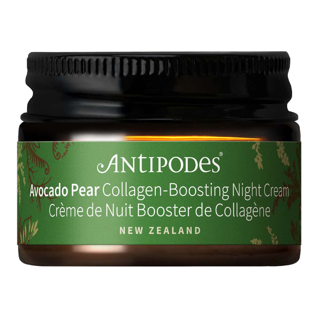 Antipodes Avocado Pear Collagen-Boosting Night Cream jar on a white background.