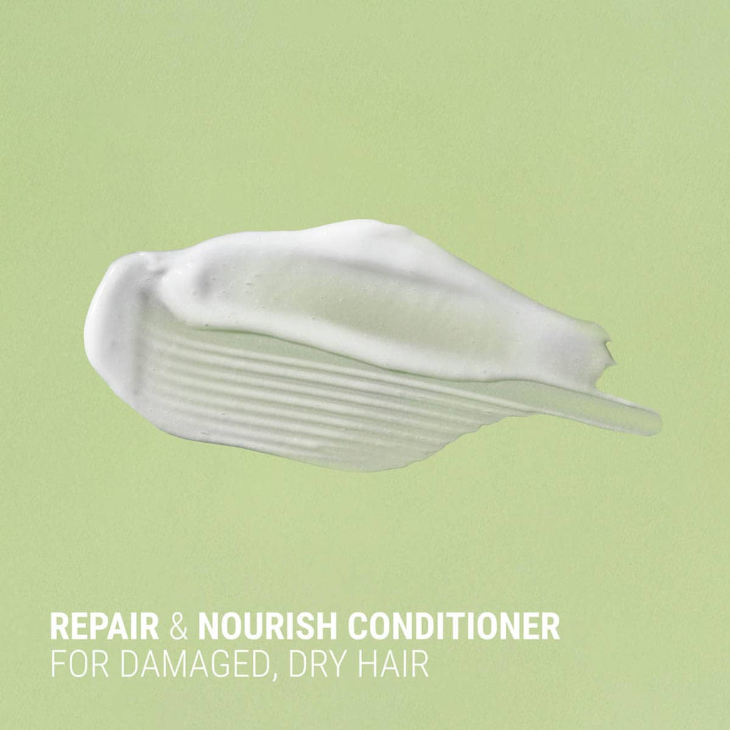 White conditioner sample on a light green background with text 'Repair & Nourish Conditioner for Damaged, Dry Hair'.