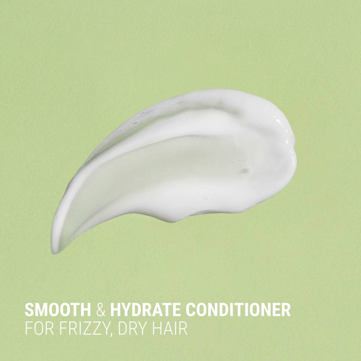 White conditioner smear on a green background with text 'Smooth & Hydrate Conditioner for Frizzy, Dry Hair'.